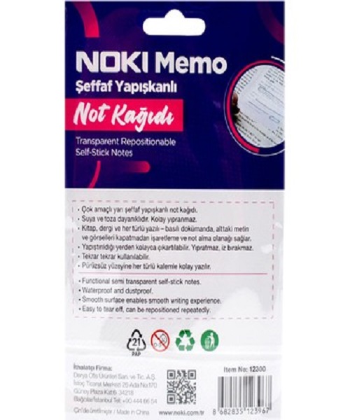 Noki Memo Yapışkanlı Not Kağıdı 75x75 Şeffaf 50 Yaprak 12300