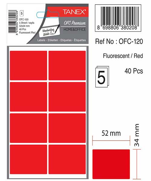 Taneks Ofc-120 Flo Kırmızı Ofis Etiketi 5 Ad.