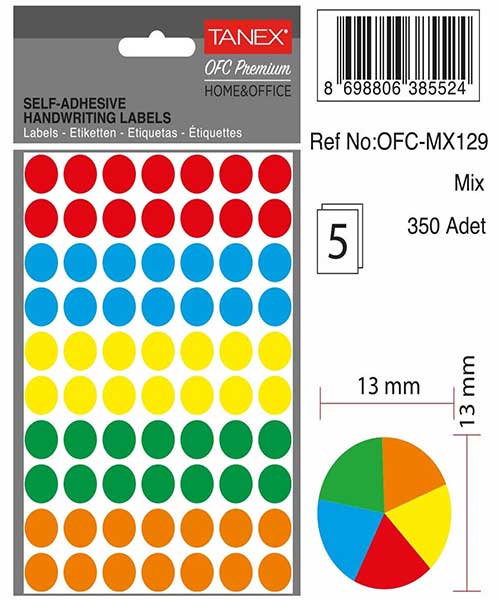 Taneks Ofc-129 Mıx Color Ofis Etiketi 5 Ad.