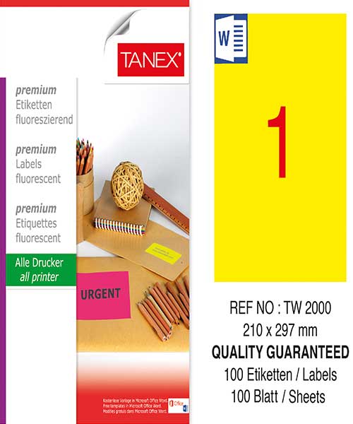 Taneks Tw-2000 210X297 Mm Flo Sarı Laser Etiket