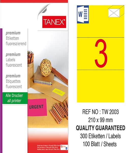 Taneks Tw-2003 210X99 Mm Flo Sarı Laser Etiket