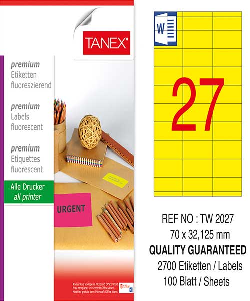 Taneks Tw-2027 70X32,125 Mm Flo Sarı Laser Etiket
