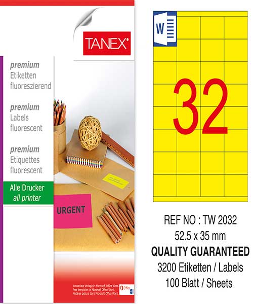 Taneks Tw-2032 52,5X35 Mm Flo Sarı Laser Etiket