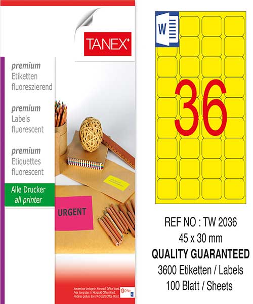 Taneks Tw-2036 45X30 Mm Flo Sarı Laser Etiket