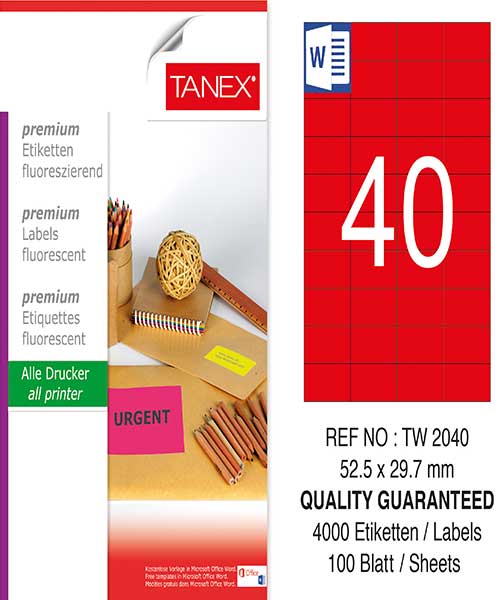 Taneks Tw-2040 52,5X29,7 Mm Flo Kırmızı Laser Etiket
