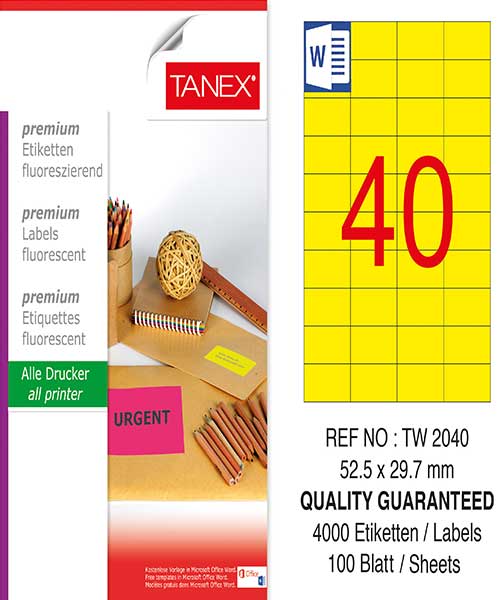 Taneks Tw-2040 52,5X29,7 Mm Flo Sarı Laser Etiket
