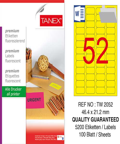 Taneks Tw-2052 46,4X21,2 Mm Flo Sarı Laser Etiket