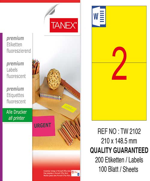 Taneks Tw-2102 210X148,5 Mm Flo Sarı Laser Etiket