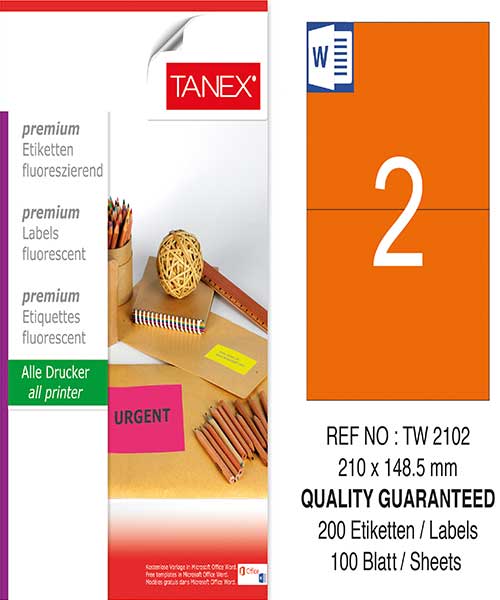 Taneks Tw-2102 210X148,5 Mm Flo Turuncu Laser Etiket