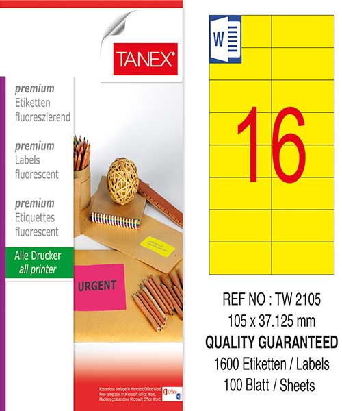 Taneks Tw-2105 105X37,125 Mm Flo Sarı Laser Etiket