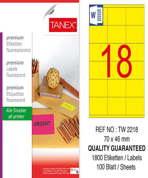 Taneks Tw-2218 70X46 Mm Flo Sarı Laser Etiket