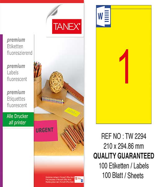 Taneks Tw-2294 210X294,86 Mm Flo Sarı Laser Etiket