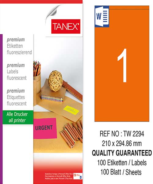 Taneks Tw-2294 210X294,86 Mm Flo Turuncu Laser Etiket