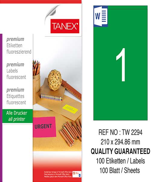 Taneks Tw-2294 210X294,86 Mm Flo Yeşil Laser Etiket