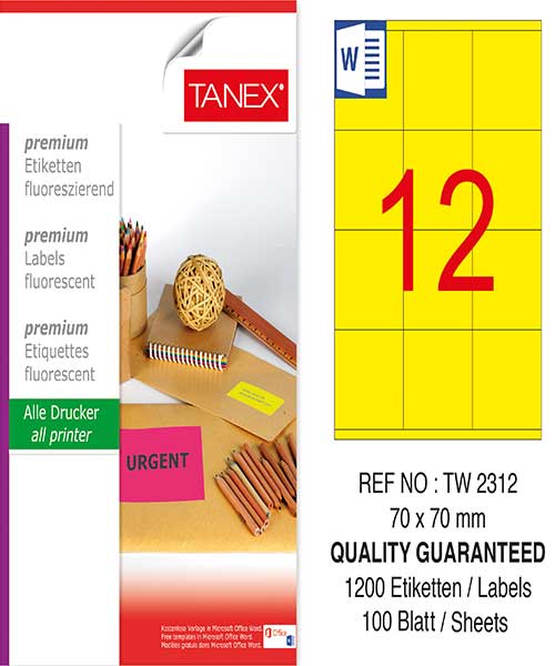 Taneks Tw-2312 70X70 Mm Flo Sarı Laser Etiket