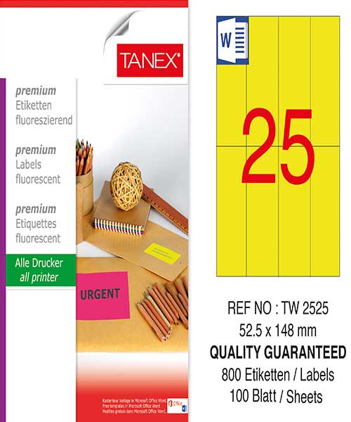 Taneks Tw-2525 52,5X148,5 Mm Flo Sarı Laser Etiket