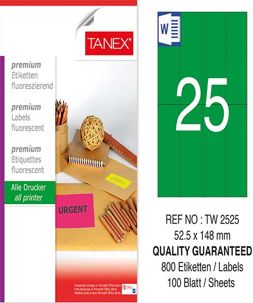 Taneks Tw-2525 52,5X148,5 Mm Flo Yeşil Laser Etiket