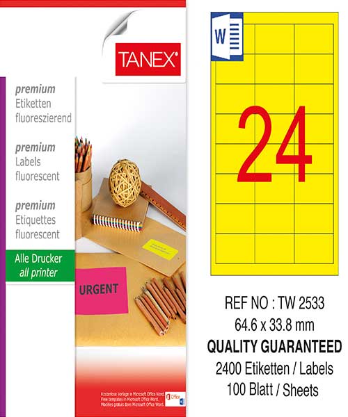 Taneks Tw-2533 64,6 X 33,8 Mm Flo Sarı Laser Etiket