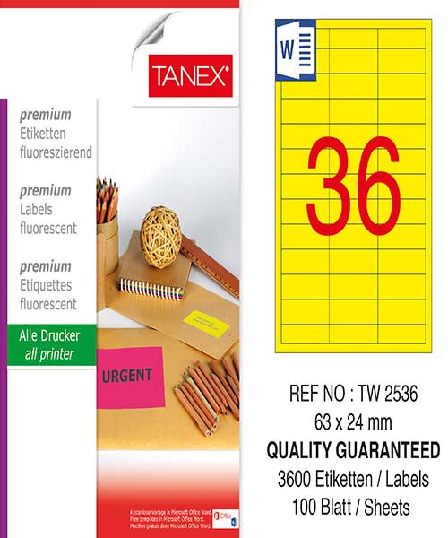 Taneks Tw-2536 63X24 Mm Flo Sarı Laser Etiket